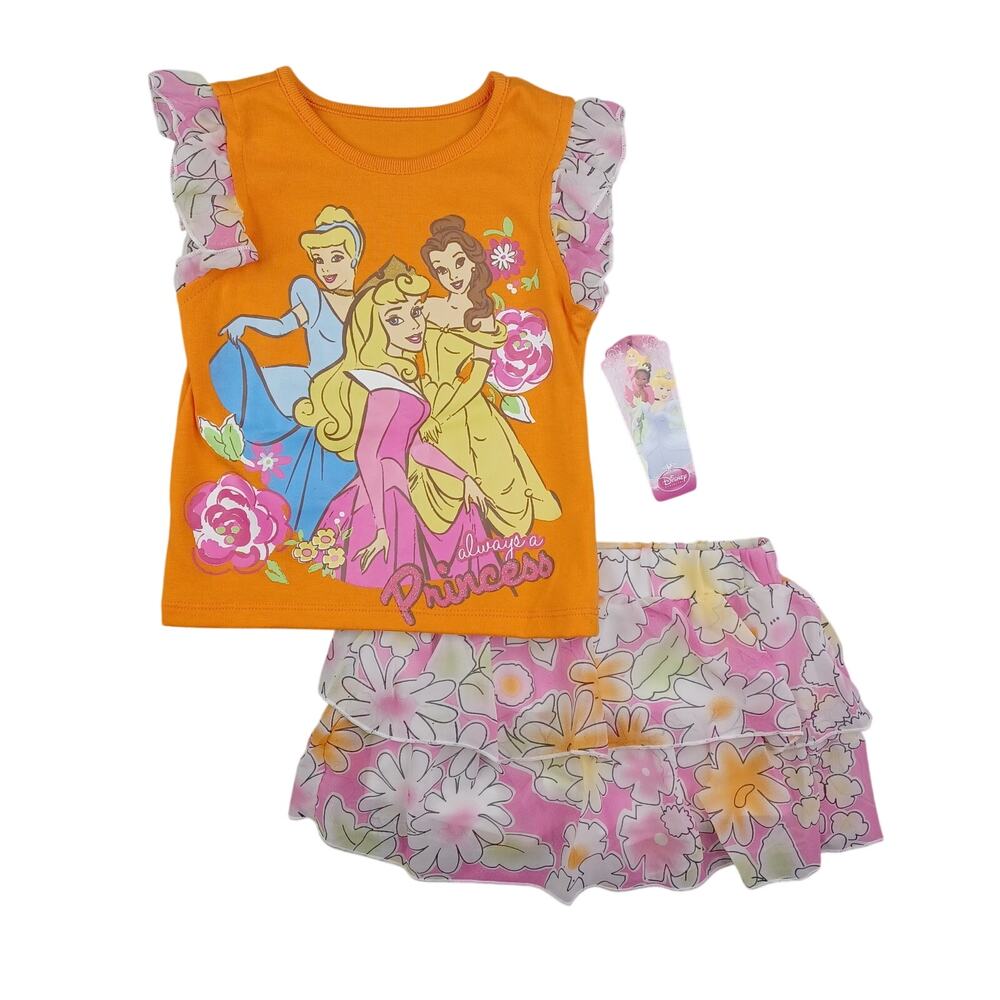 Disney Princess Girsl Graphic Tee & Tiered Ruffle Skirt Set Size 2T Belle Outfit